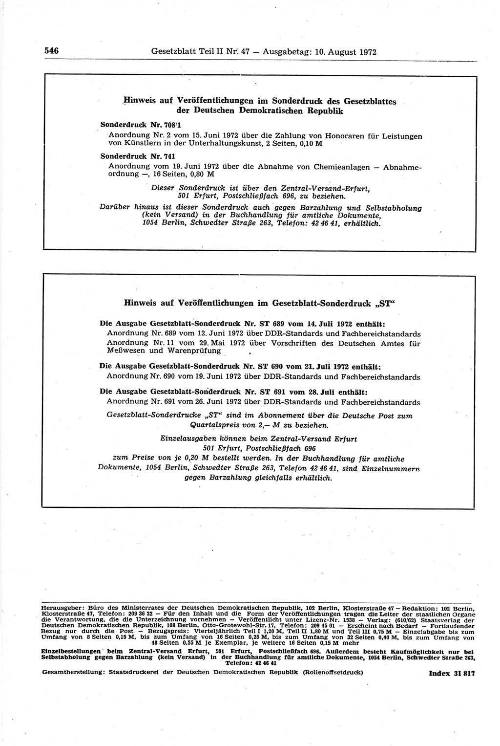 Gesetzblatt (GBl.) der Deutschen Demokratischen Republik (DDR) Teil ⅠⅠ 1972, Seite 546 (GBl. DDR ⅠⅠ 1972, S. 546)