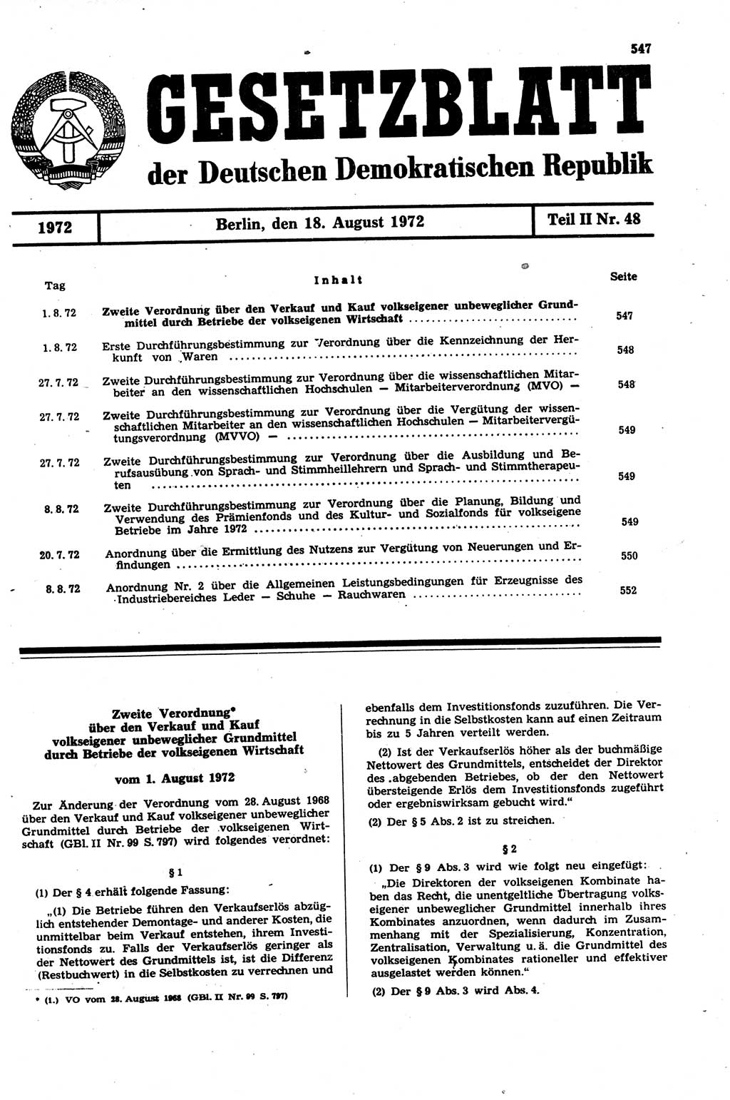 Gesetzblatt (GBl.) der Deutschen Demokratischen Republik (DDR) Teil ⅠⅠ 1972, Seite 547 (GBl. DDR ⅠⅠ 1972, S. 547)