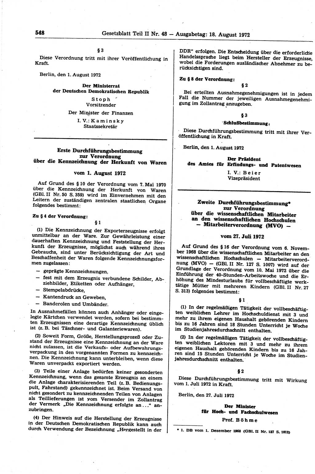 Gesetzblatt (GBl.) der Deutschen Demokratischen Republik (DDR) Teil ⅠⅠ 1972, Seite 548 (GBl. DDR ⅠⅠ 1972, S. 548)