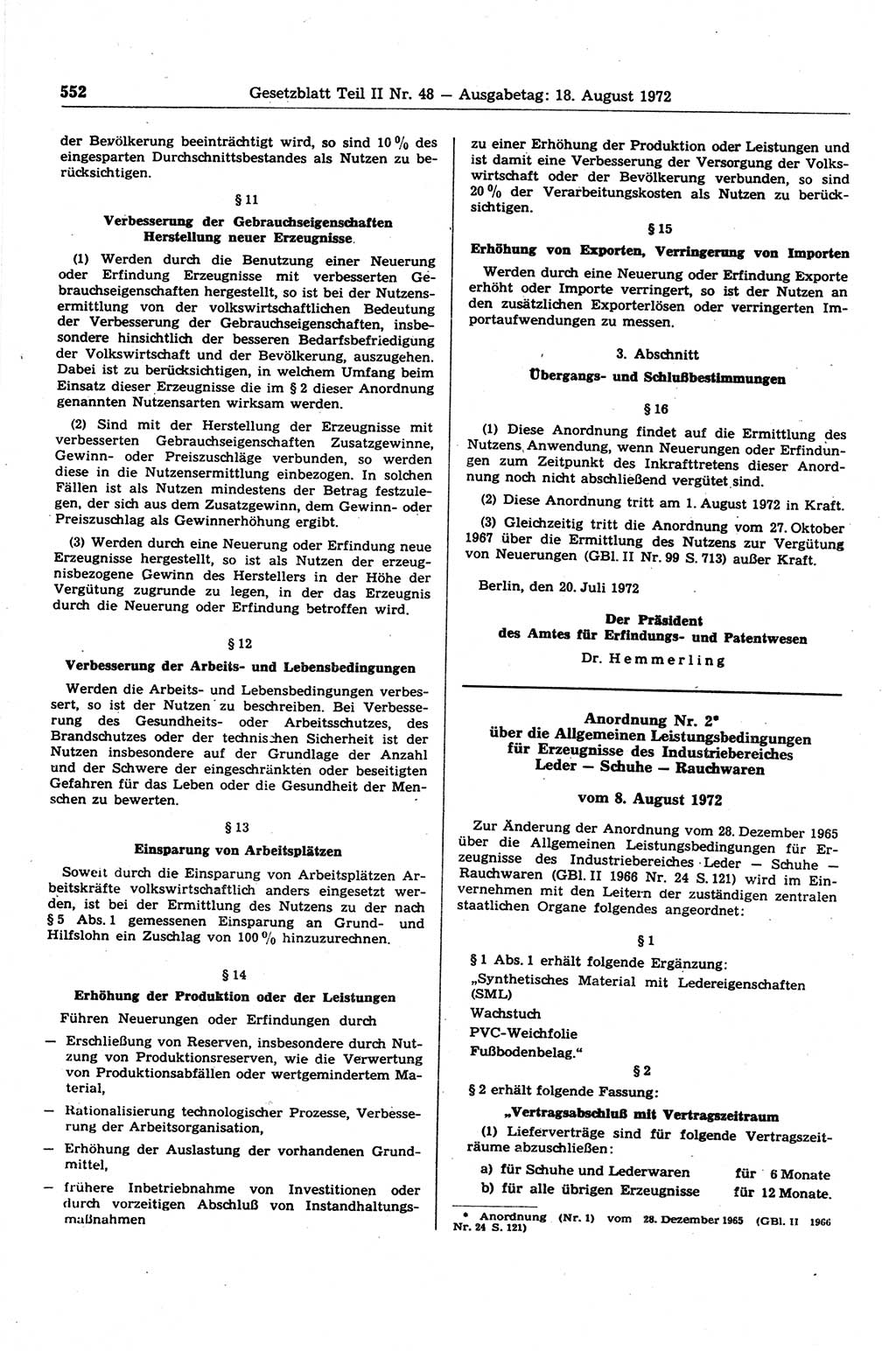 Gesetzblatt (GBl.) der Deutschen Demokratischen Republik (DDR) Teil ⅠⅠ 1972, Seite 552 (GBl. DDR ⅠⅠ 1972, S. 552)