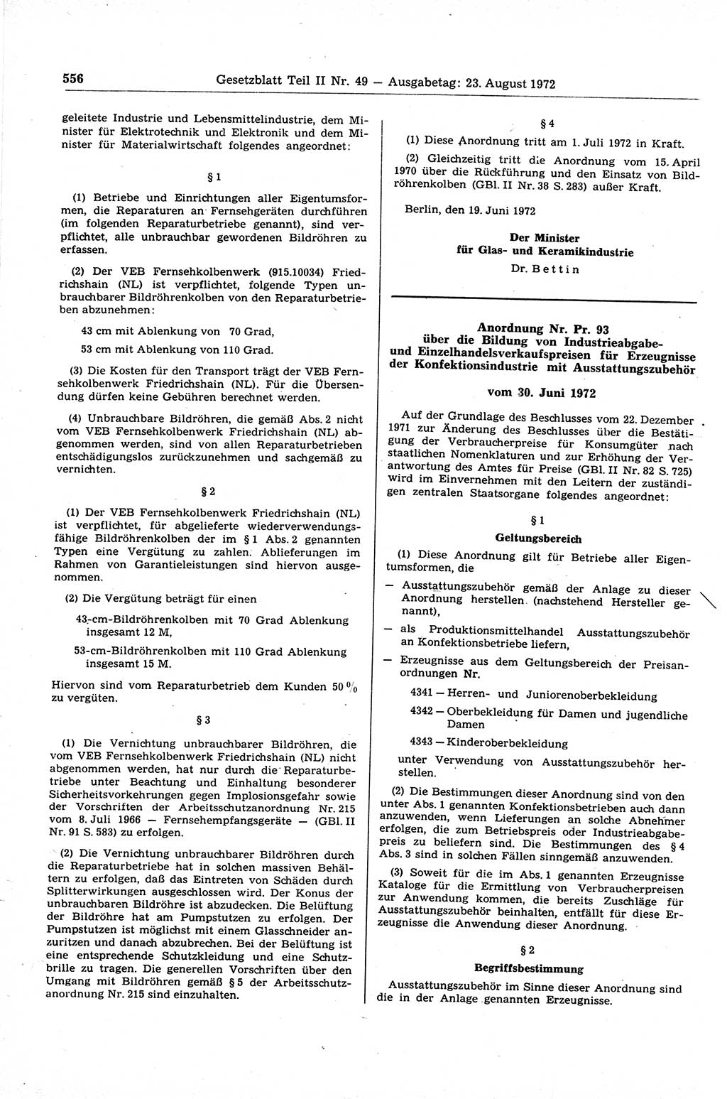 Gesetzblatt (GBl.) der Deutschen Demokratischen Republik (DDR) Teil ⅠⅠ 1972, Seite 556 (GBl. DDR ⅠⅠ 1972, S. 556)