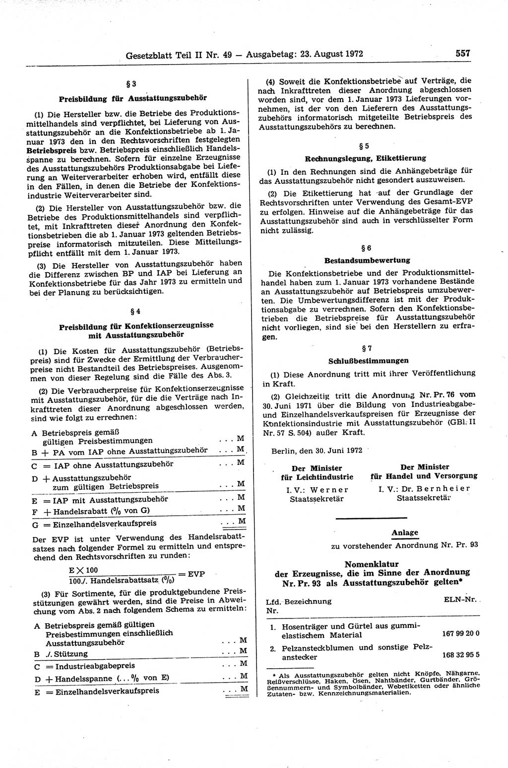 Gesetzblatt (GBl.) der Deutschen Demokratischen Republik (DDR) Teil ⅠⅠ 1972, Seite 557 (GBl. DDR ⅠⅠ 1972, S. 557)