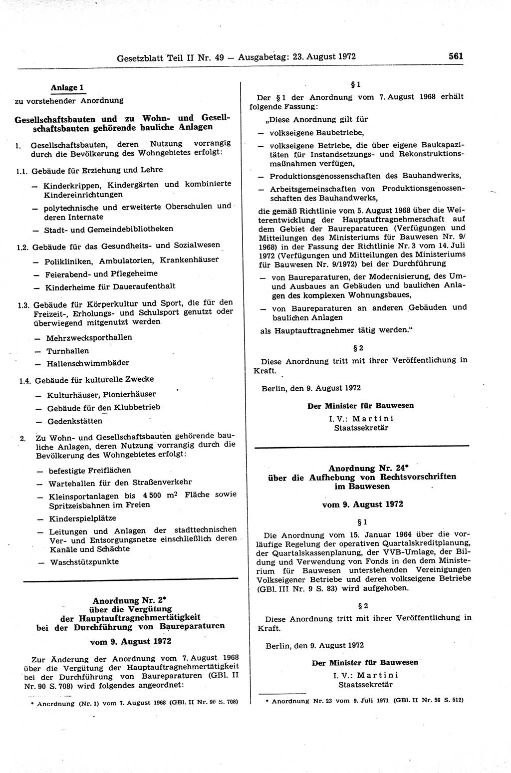 Gesetzblatt (GBl.) der Deutschen Demokratischen Republik (DDR) Teil ⅠⅠ 1972, Seite 561 (GBl. DDR ⅠⅠ 1972, S. 561)