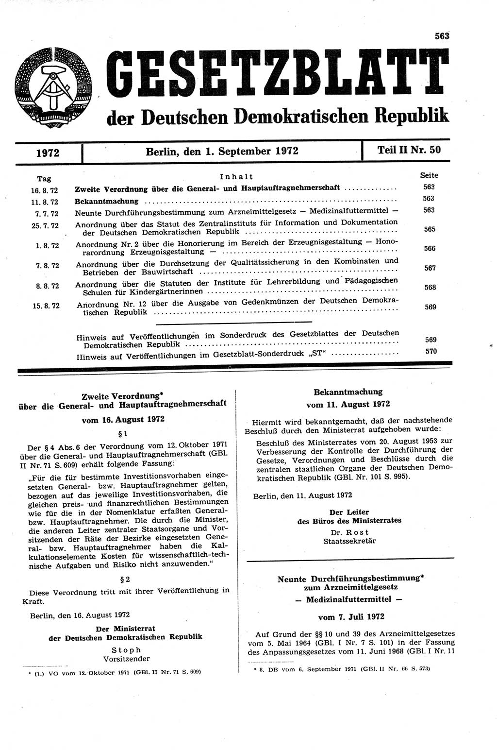 Gesetzblatt (GBl.) der Deutschen Demokratischen Republik (DDR) Teil ⅠⅠ 1972, Seite 563 (GBl. DDR ⅠⅠ 1972, S. 563)
