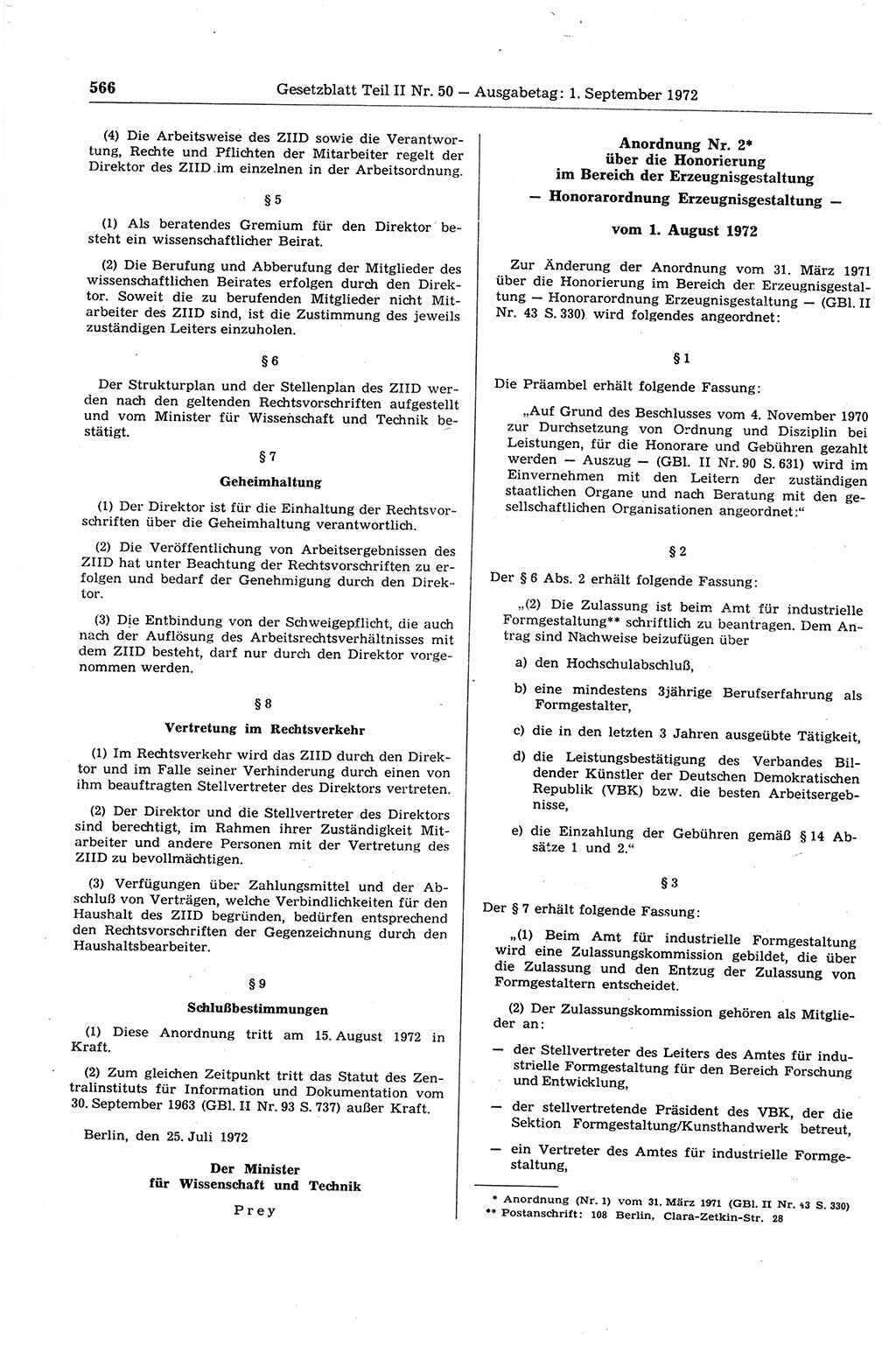 Gesetzblatt (GBl.) der Deutschen Demokratischen Republik (DDR) Teil ⅠⅠ 1972, Seite 566 (GBl. DDR ⅠⅠ 1972, S. 566)