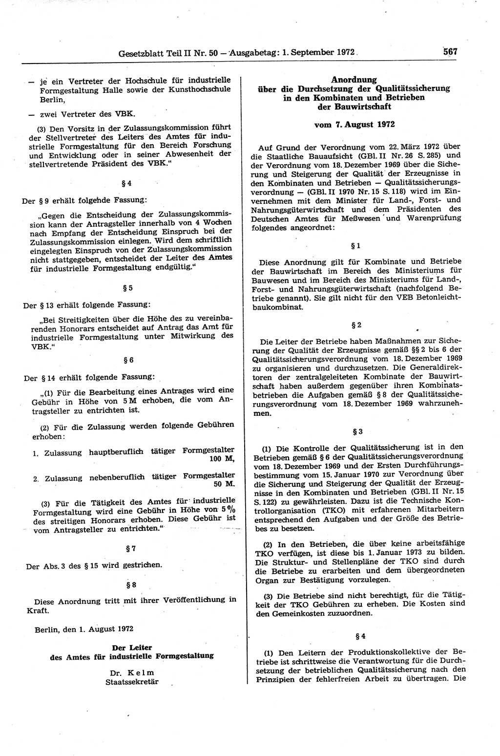 Gesetzblatt (GBl.) der Deutschen Demokratischen Republik (DDR) Teil ⅠⅠ 1972, Seite 567 (GBl. DDR ⅠⅠ 1972, S. 567)