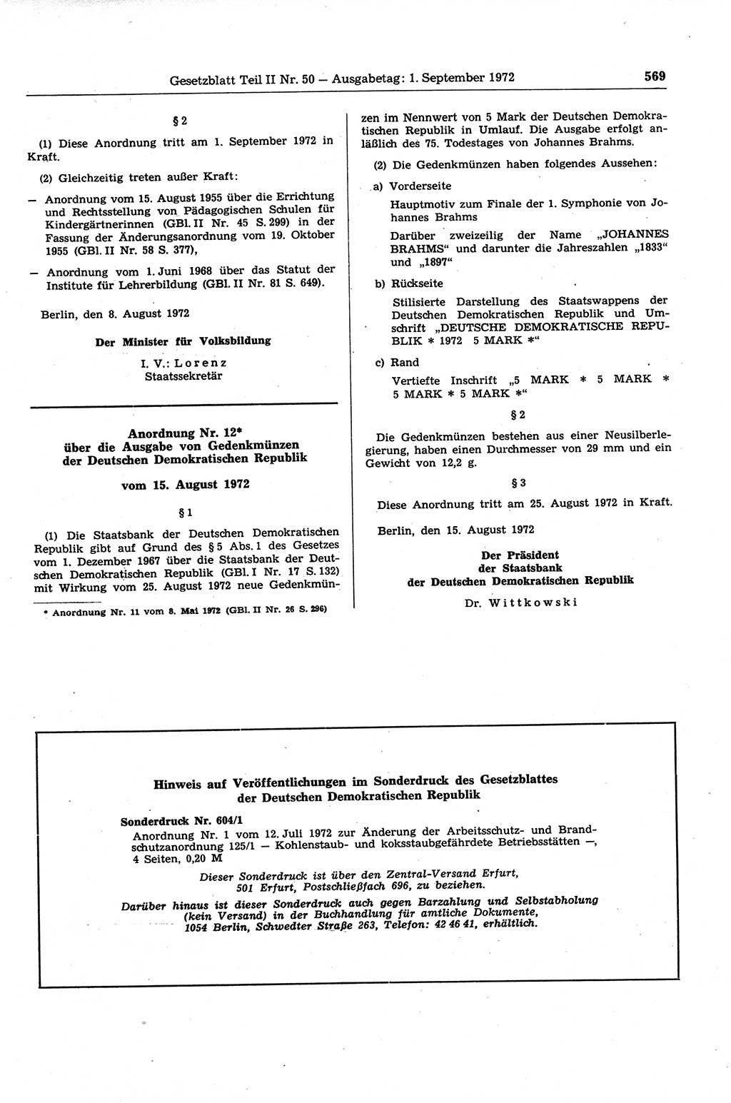 Gesetzblatt (GBl.) der Deutschen Demokratischen Republik (DDR) Teil ⅠⅠ 1972, Seite 569 (GBl. DDR ⅠⅠ 1972, S. 569)