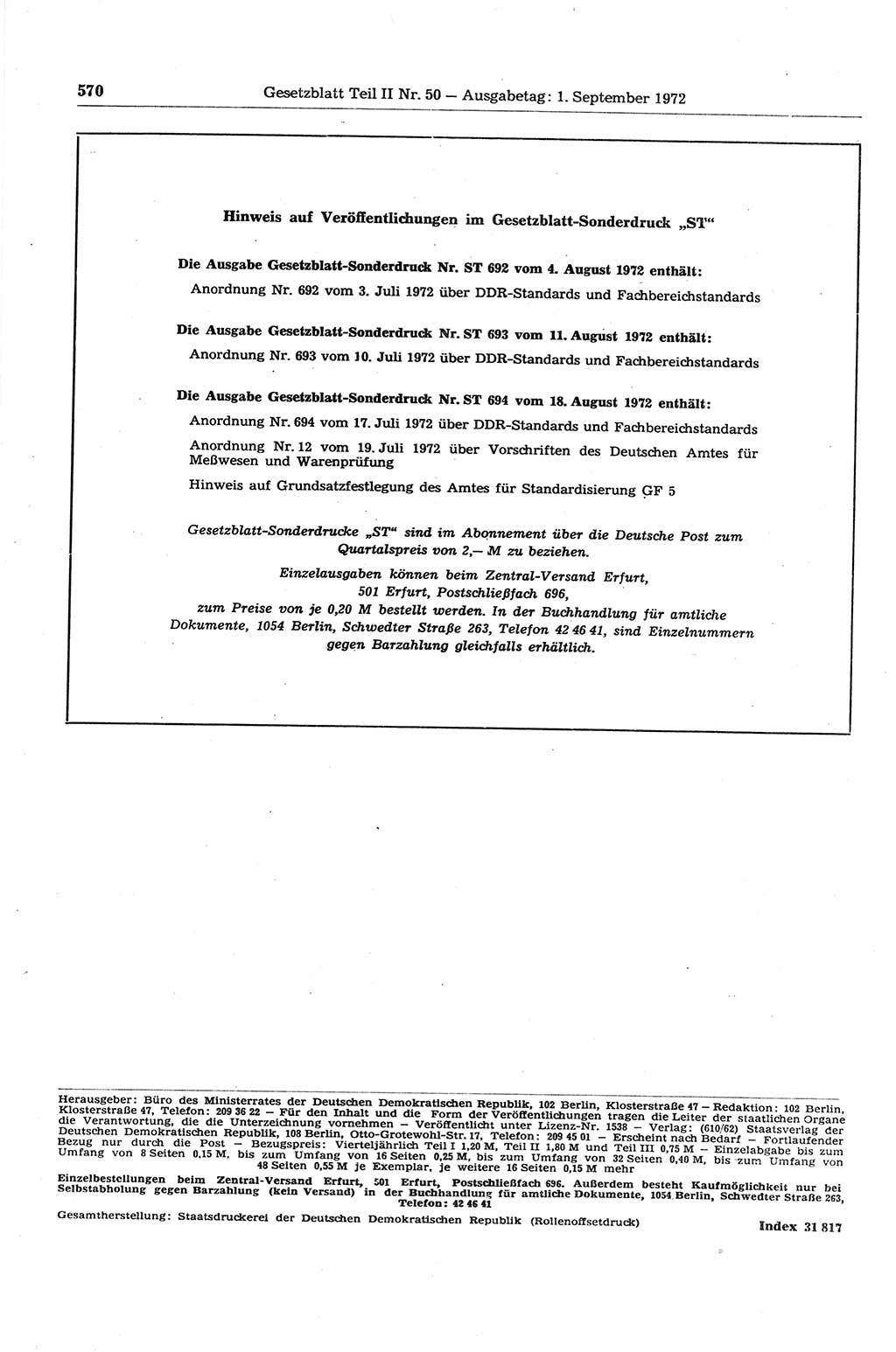 Gesetzblatt (GBl.) der Deutschen Demokratischen Republik (DDR) Teil ⅠⅠ 1972, Seite 570 (GBl. DDR ⅠⅠ 1972, S. 570)