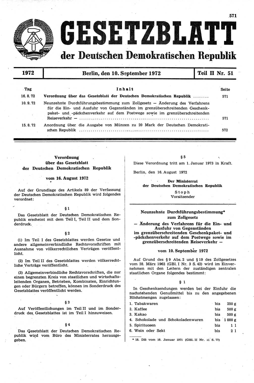 Gesetzblatt (GBl.) der Deutschen Demokratischen Republik (DDR) Teil ⅠⅠ 1972, Seite 571 (GBl. DDR ⅠⅠ 1972, S. 571)