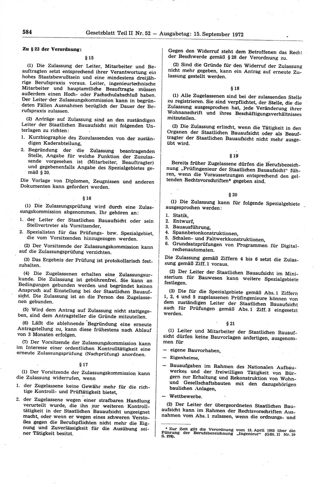 Gesetzblatt (GBl.) der Deutschen Demokratischen Republik (DDR) Teil ⅠⅠ 1972, Seite 584 (GBl. DDR ⅠⅠ 1972, S. 584)
