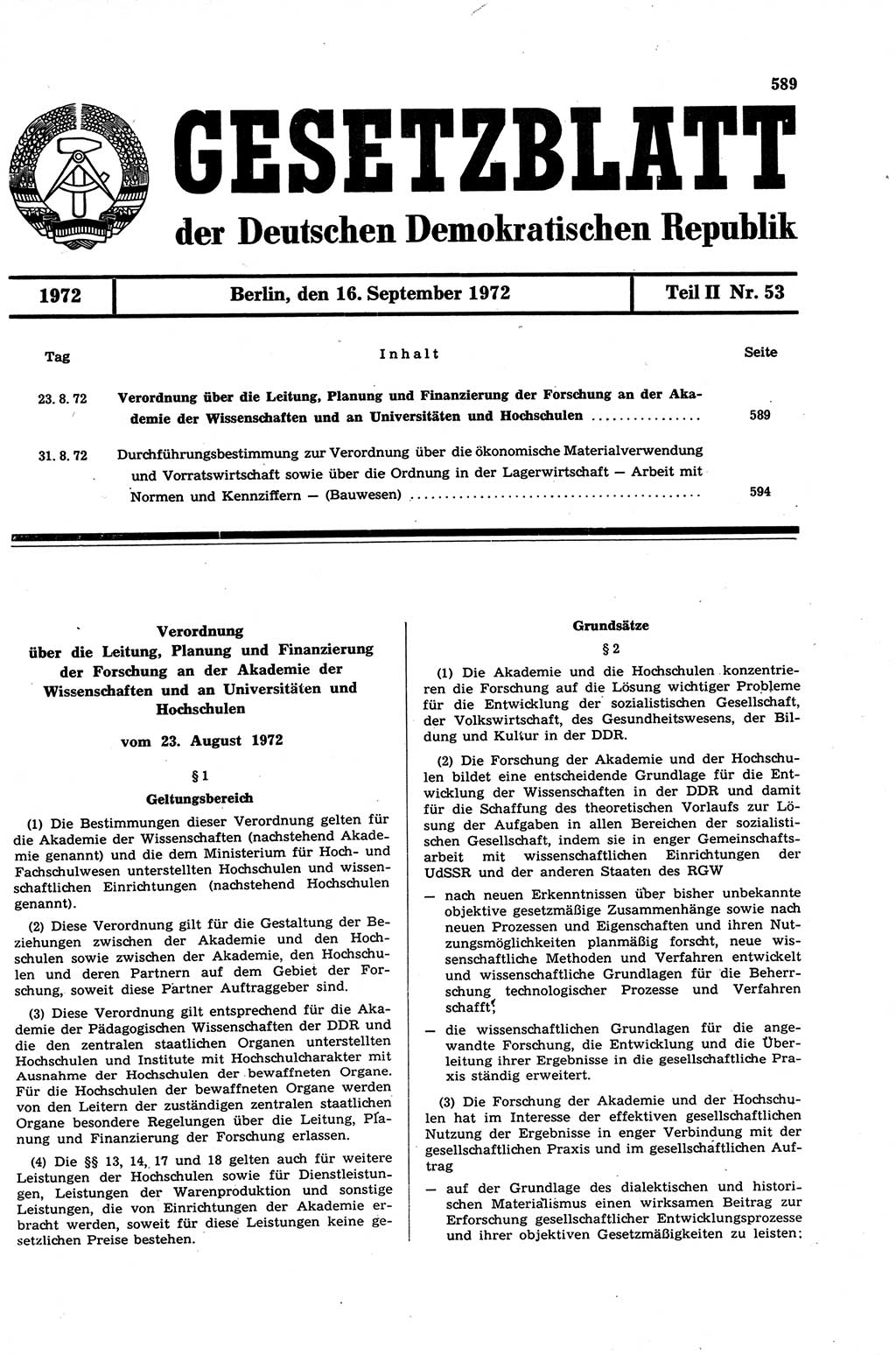 Gesetzblatt (GBl.) der Deutschen Demokratischen Republik (DDR) Teil ⅠⅠ 1972, Seite 589 (GBl. DDR ⅠⅠ 1972, S. 589)