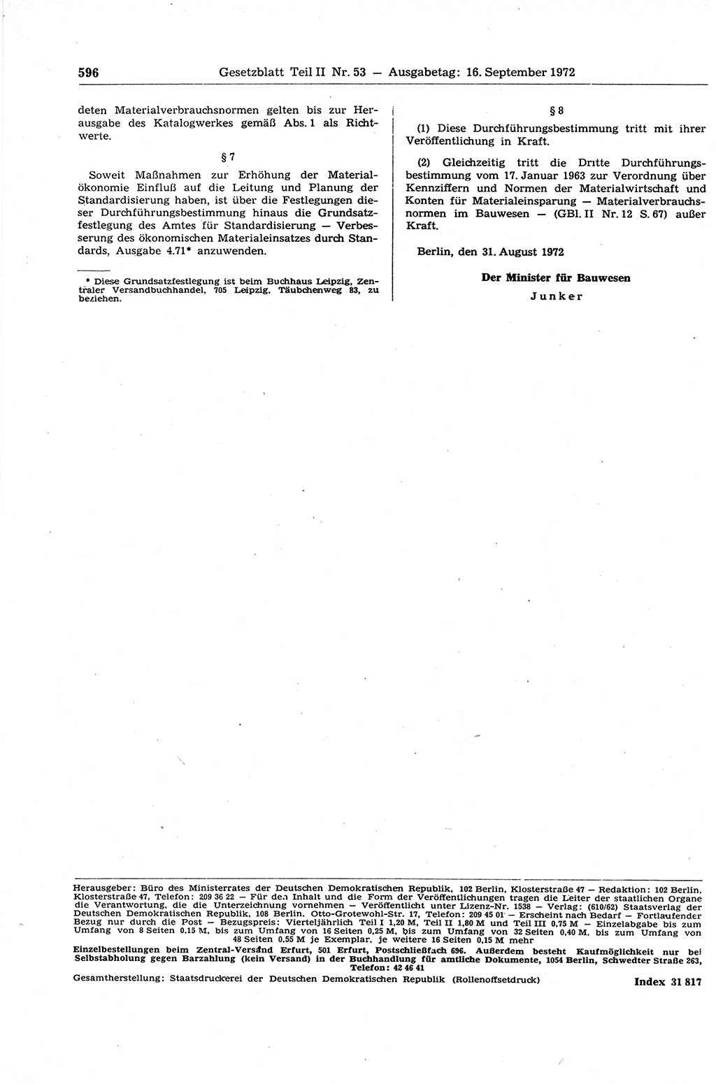 Gesetzblatt (GBl.) der Deutschen Demokratischen Republik (DDR) Teil ⅠⅠ 1972, Seite 596 (GBl. DDR ⅠⅠ 1972, S. 596)