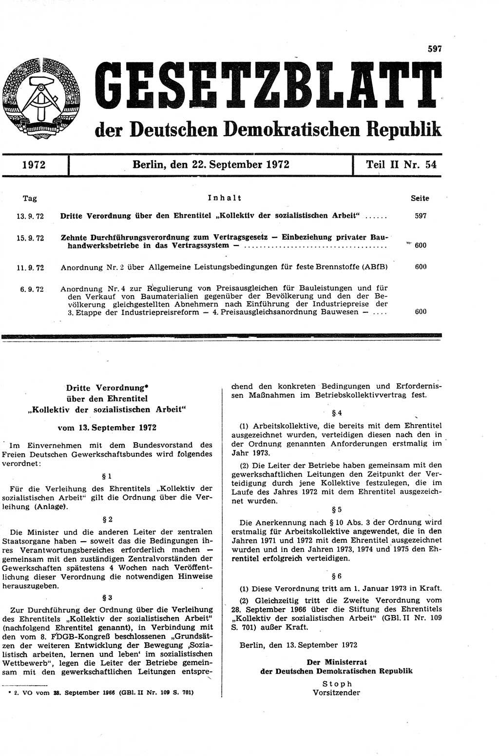 Gesetzblatt (GBl.) der Deutschen Demokratischen Republik (DDR) Teil ⅠⅠ 1972, Seite 597 (GBl. DDR ⅠⅠ 1972, S. 597)