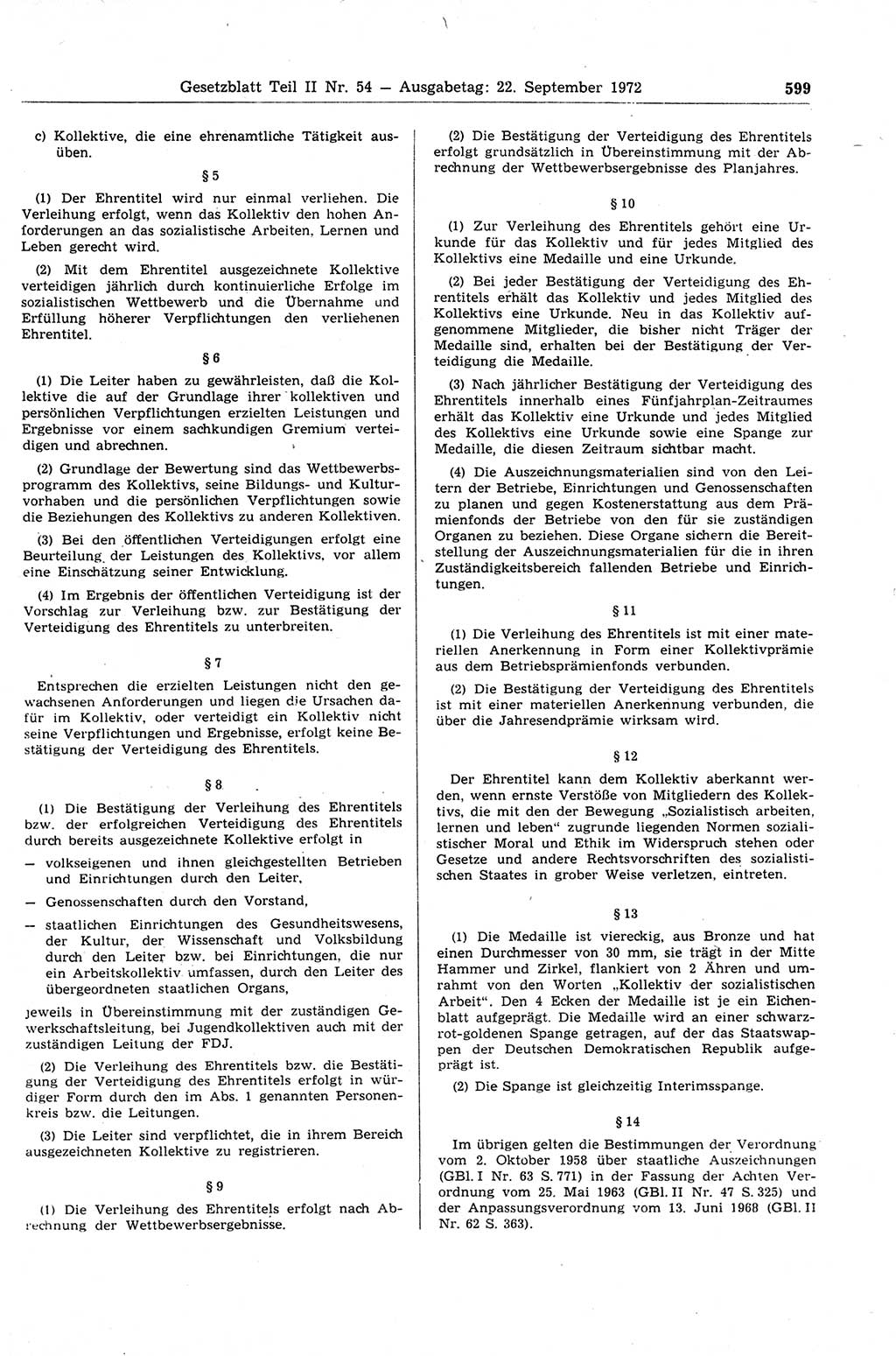 Gesetzblatt (GBl.) der Deutschen Demokratischen Republik (DDR) Teil ⅠⅠ 1972, Seite 599 (GBl. DDR ⅠⅠ 1972, S. 599)
