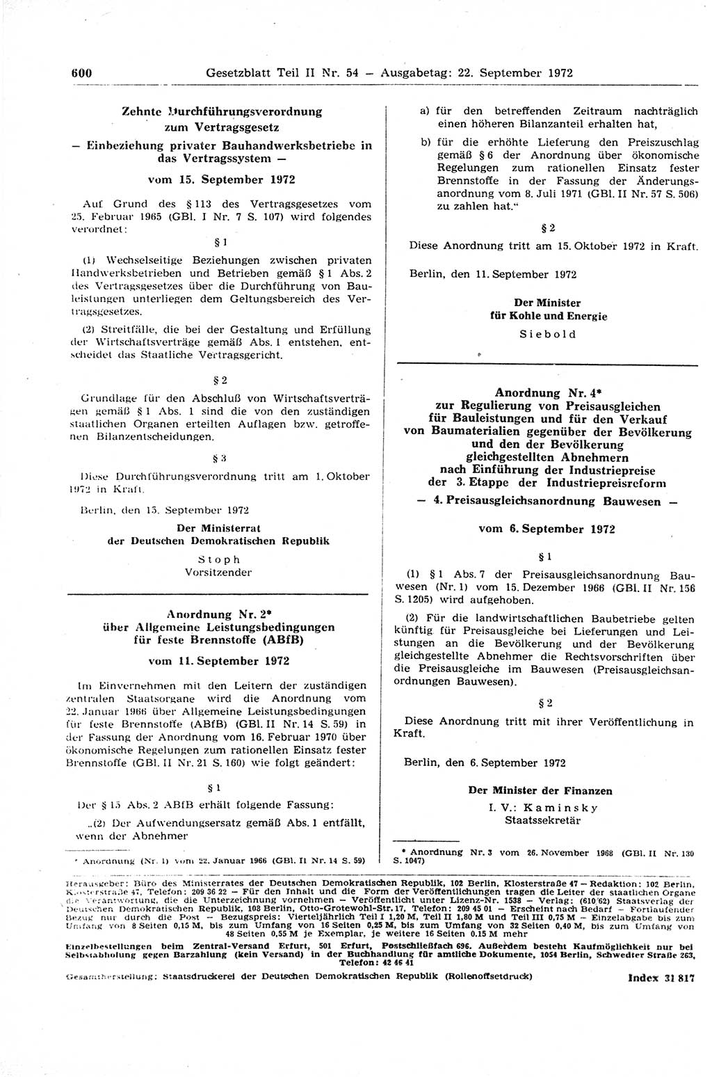 Gesetzblatt (GBl.) der Deutschen Demokratischen Republik (DDR) Teil ⅠⅠ 1972, Seite 600 (GBl. DDR ⅠⅠ 1972, S. 600)