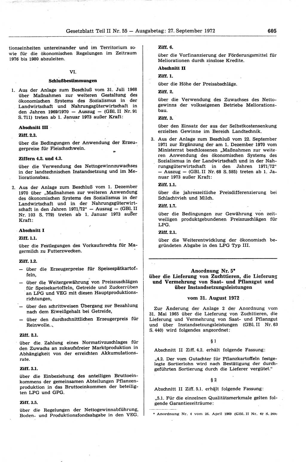 Gesetzblatt (GBl.) der Deutschen Demokratischen Republik (DDR) Teil ⅠⅠ 1972, Seite 605 (GBl. DDR ⅠⅠ 1972, S. 605)
