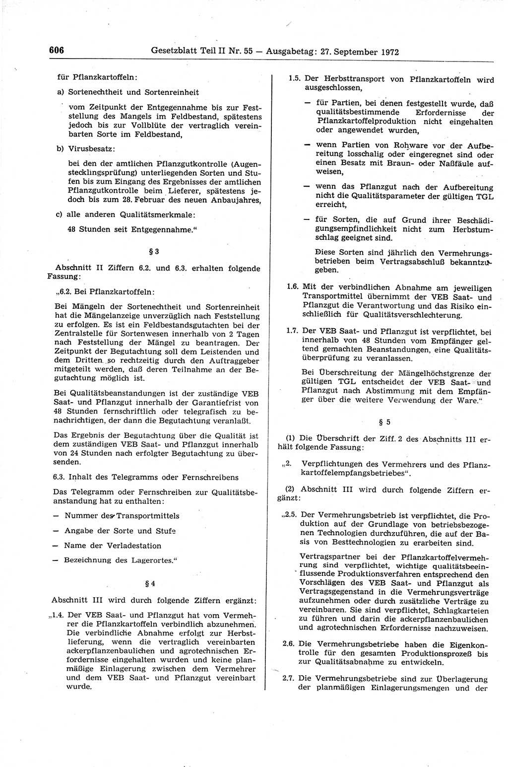 Gesetzblatt (GBl.) der Deutschen Demokratischen Republik (DDR) Teil ⅠⅠ 1972, Seite 606 (GBl. DDR ⅠⅠ 1972, S. 606)