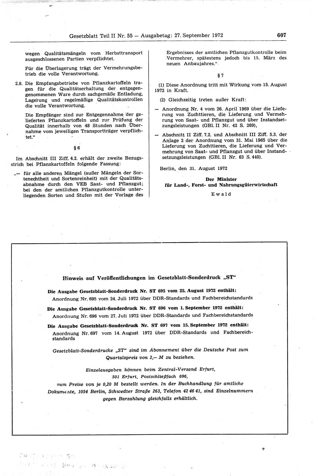 Gesetzblatt (GBl.) der Deutschen Demokratischen Republik (DDR) Teil ⅠⅠ 1972, Seite 607 (GBl. DDR ⅠⅠ 1972, S. 607)