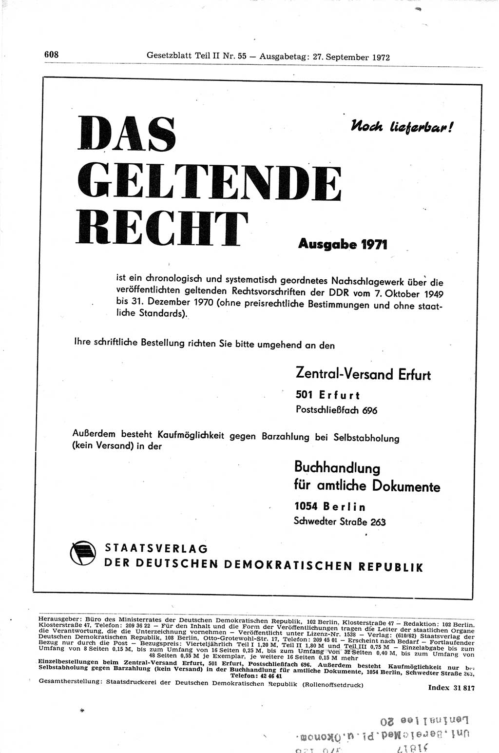 Gesetzblatt (GBl.) der Deutschen Demokratischen Republik (DDR) Teil ⅠⅠ 1972, Seite 608 (GBl. DDR ⅠⅠ 1972, S. 608)