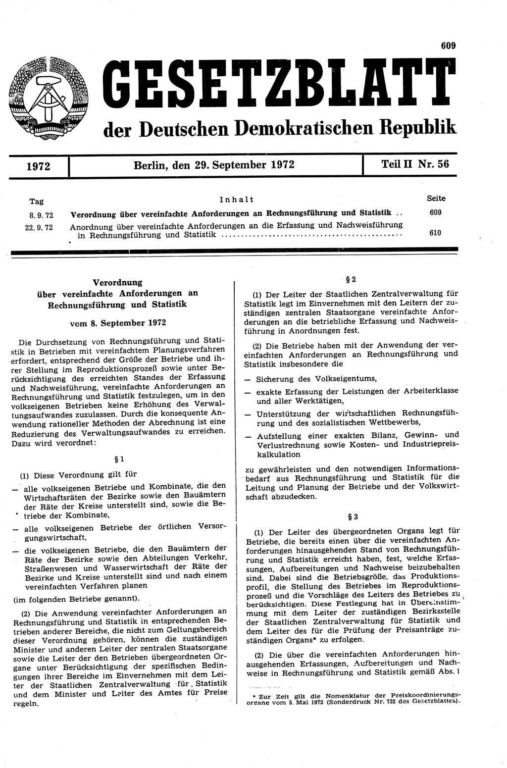 Gesetzblatt (GBl.) der Deutschen Demokratischen Republik (DDR) Teil ⅠⅠ 1972, Seite 609 (GBl. DDR ⅠⅠ 1972, S. 609)