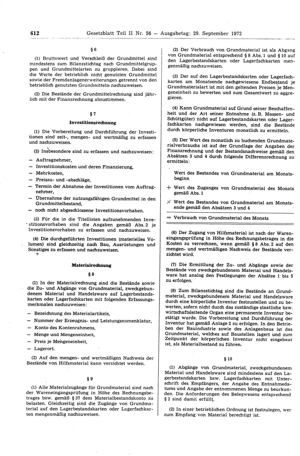 Gesetzblatt (GBl.) der Deutschen Demokratischen Republik (DDR) Teil ⅠⅠ 1972, Seite 612 (GBl. DDR ⅠⅠ 1972, S. 612)