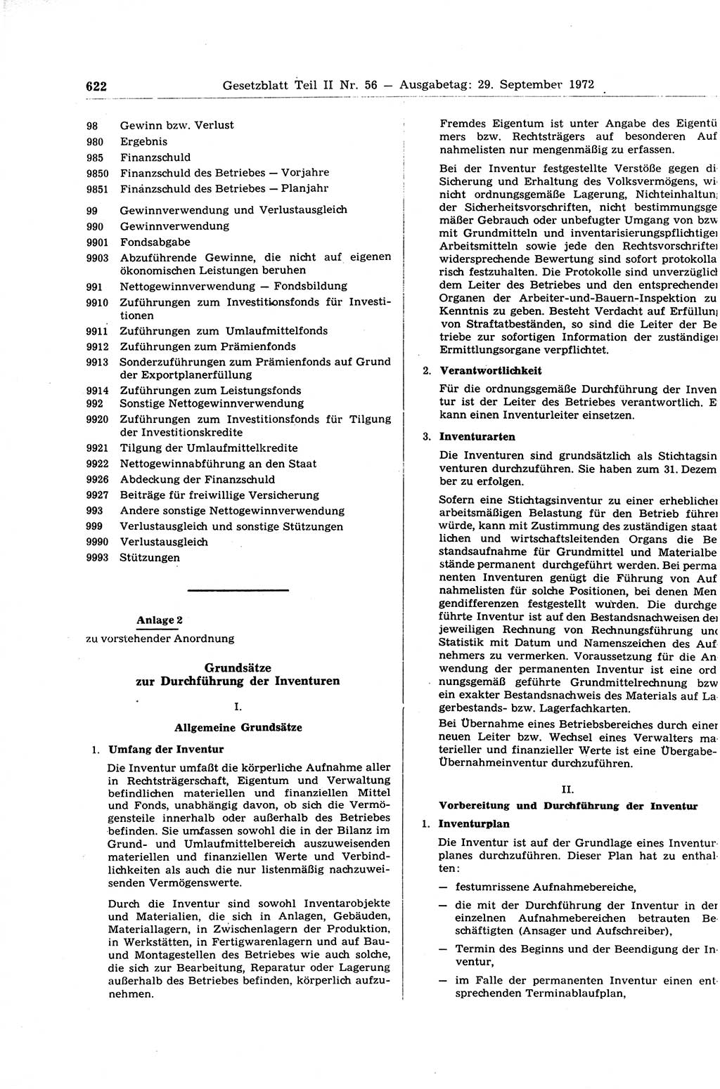 Gesetzblatt (GBl.) der Deutschen Demokratischen Republik (DDR) Teil ⅠⅠ 1972, Seite 622 (GBl. DDR ⅠⅠ 1972, S. 622)