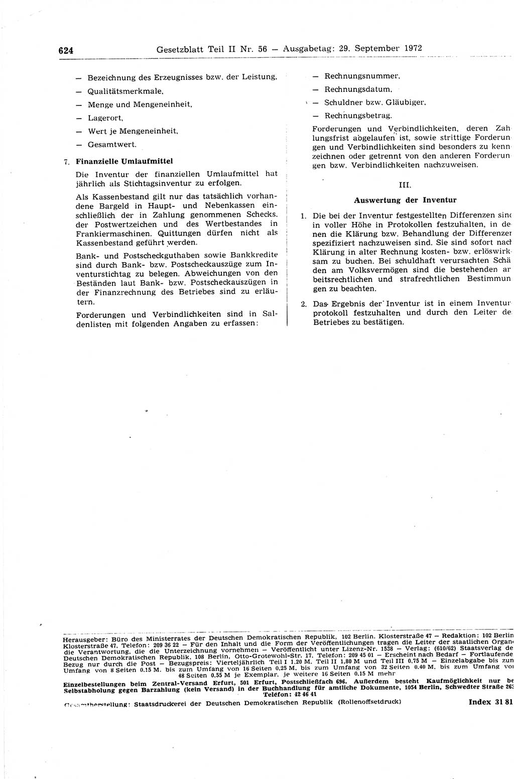 Gesetzblatt (GBl.) der Deutschen Demokratischen Republik (DDR) Teil ⅠⅠ 1972, Seite 624 (GBl. DDR ⅠⅠ 1972, S. 624)