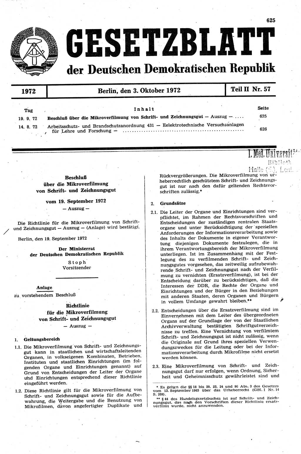 Gesetzblatt (GBl.) der Deutschen Demokratischen Republik (DDR) Teil ⅠⅠ 1972, Seite 625 (GBl. DDR ⅠⅠ 1972, S. 625)