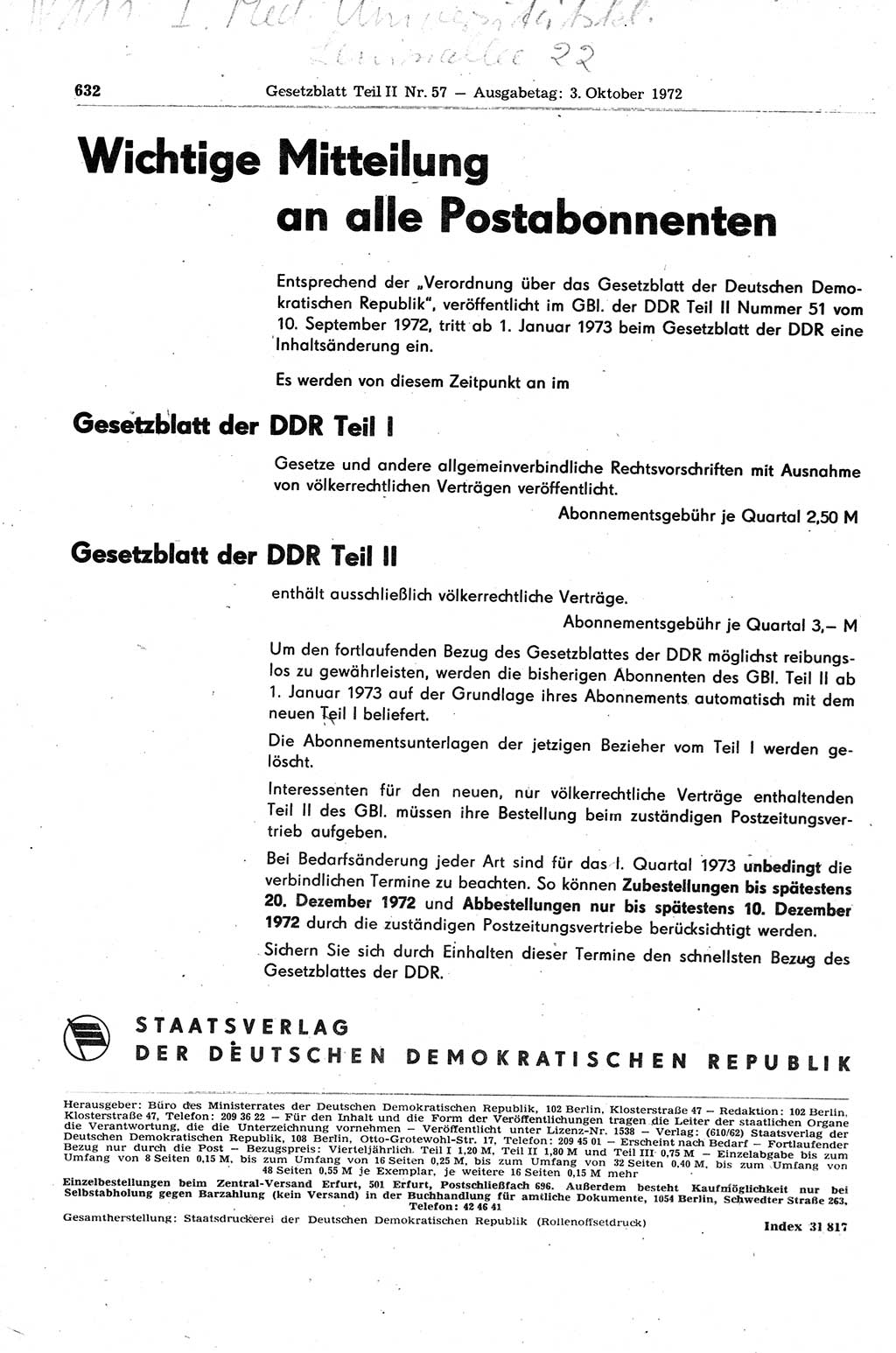 Gesetzblatt (GBl.) der Deutschen Demokratischen Republik (DDR) Teil ⅠⅠ 1972, Seite 632 (GBl. DDR ⅠⅠ 1972, S. 632)