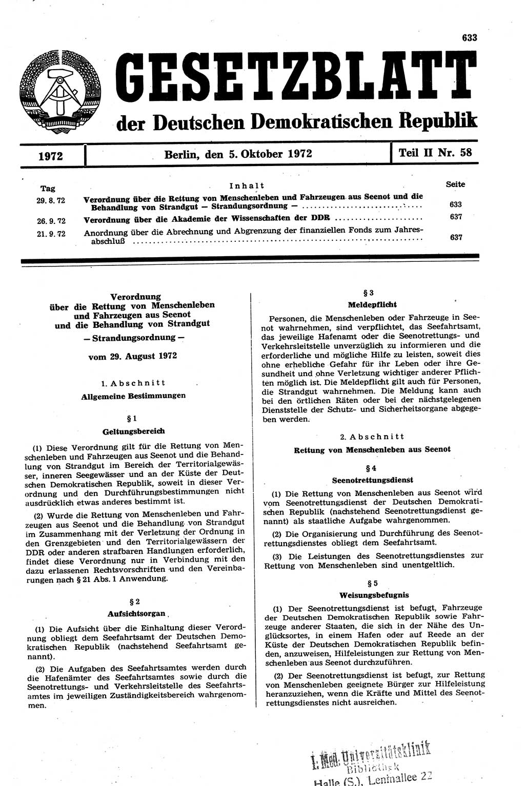 Gesetzblatt (GBl.) der Deutschen Demokratischen Republik (DDR) Teil ⅠⅠ 1972, Seite 633 (GBl. DDR ⅠⅠ 1972, S. 633)