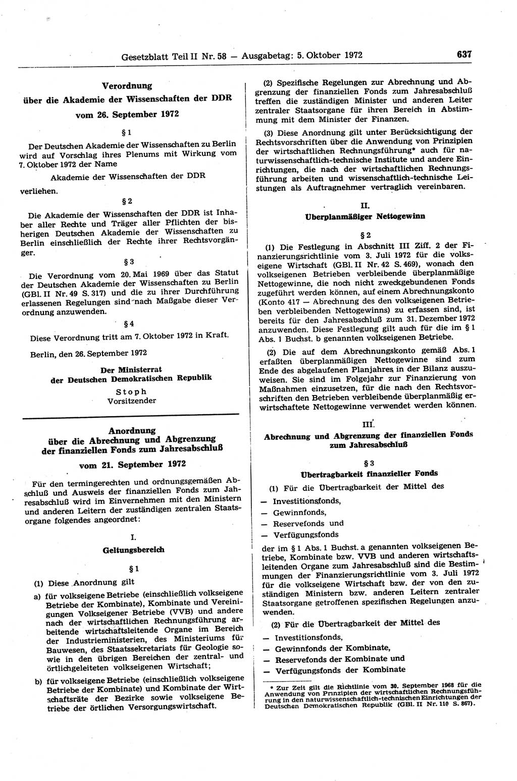 Gesetzblatt (GBl.) der Deutschen Demokratischen Republik (DDR) Teil ⅠⅠ 1972, Seite 637 (GBl. DDR ⅠⅠ 1972, S. 637)