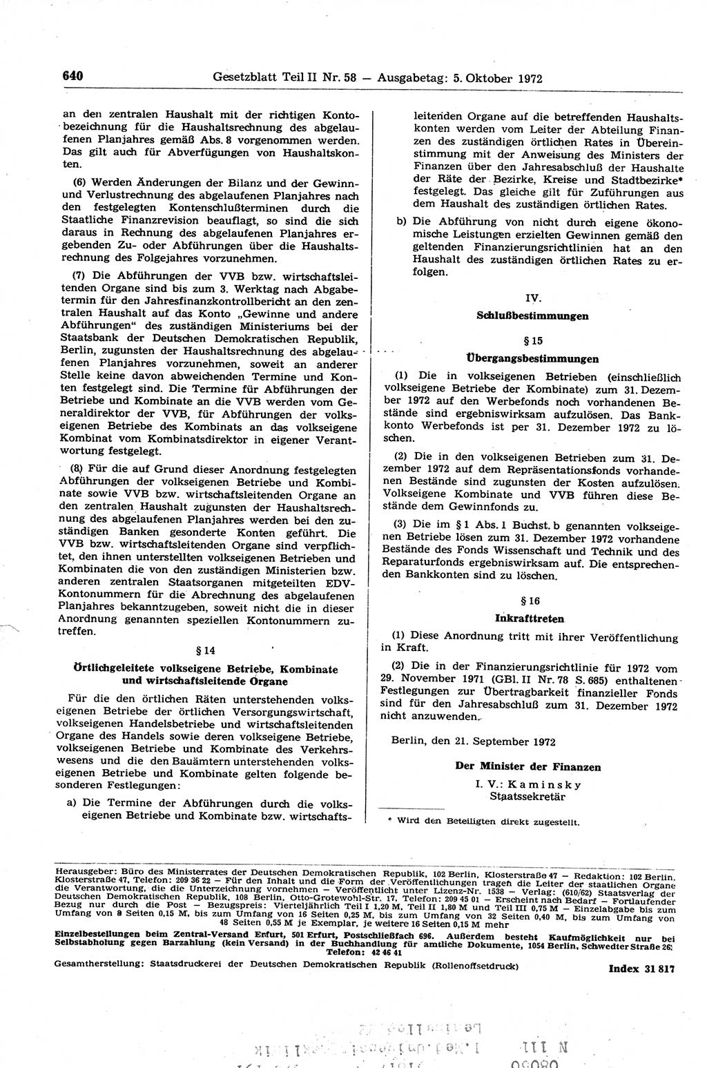 Gesetzblatt (GBl.) der Deutschen Demokratischen Republik (DDR) Teil ⅠⅠ 1972, Seite 640 (GBl. DDR ⅠⅠ 1972, S. 640)