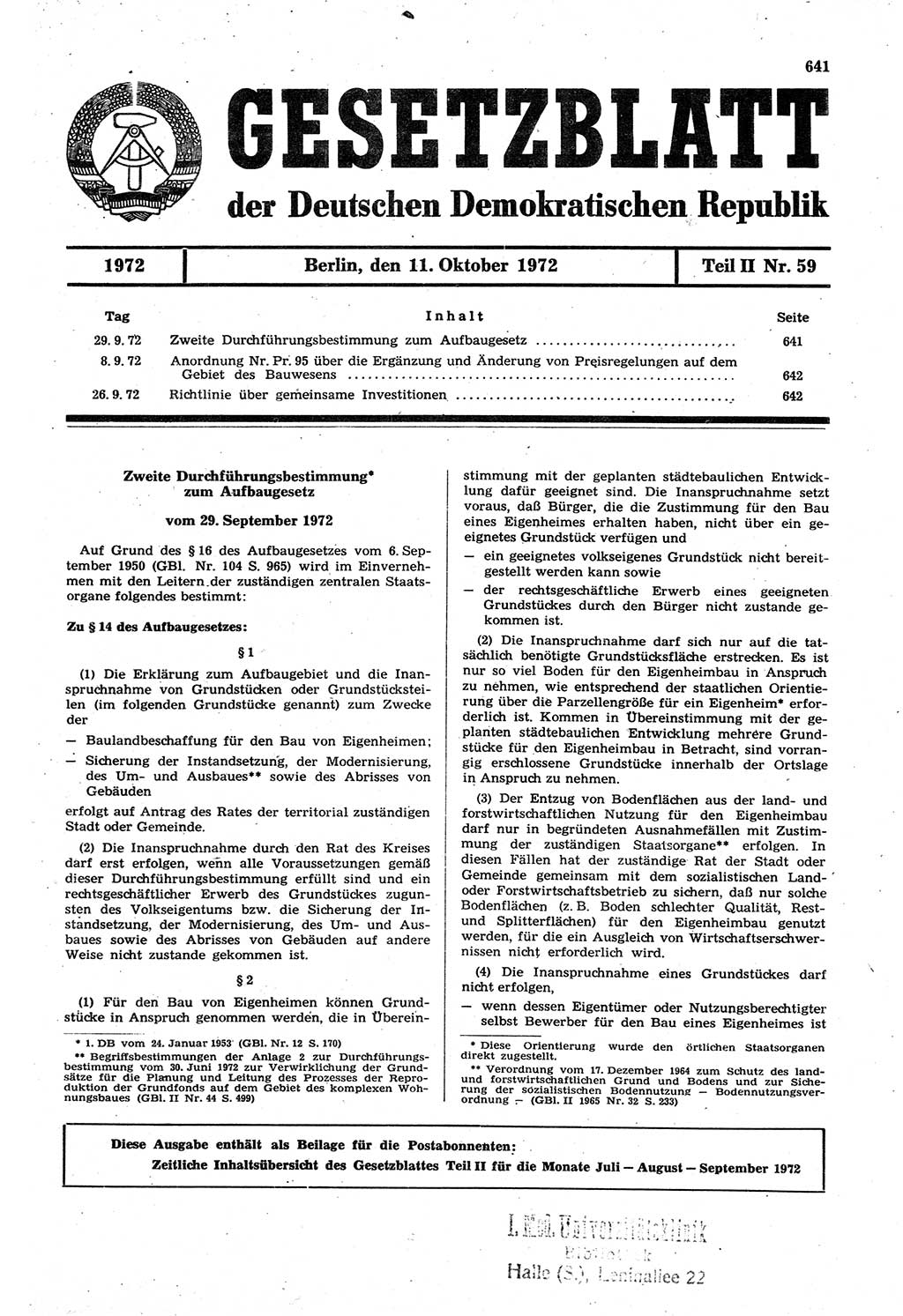 Gesetzblatt (GBl.) der Deutschen Demokratischen Republik (DDR) Teil ⅠⅠ 1972, Seite 641 (GBl. DDR ⅠⅠ 1972, S. 641)