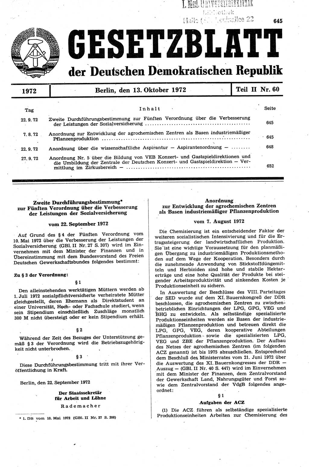 Gesetzblatt (GBl.) der Deutschen Demokratischen Republik (DDR) Teil ⅠⅠ 1972, Seite 645 (GBl. DDR ⅠⅠ 1972, S. 645)