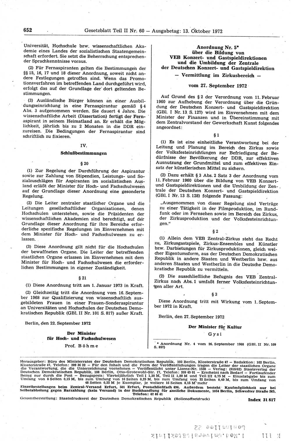 Gesetzblatt (GBl.) der Deutschen Demokratischen Republik (DDR) Teil ⅠⅠ 1972, Seite 652 (GBl. DDR ⅠⅠ 1972, S. 652)