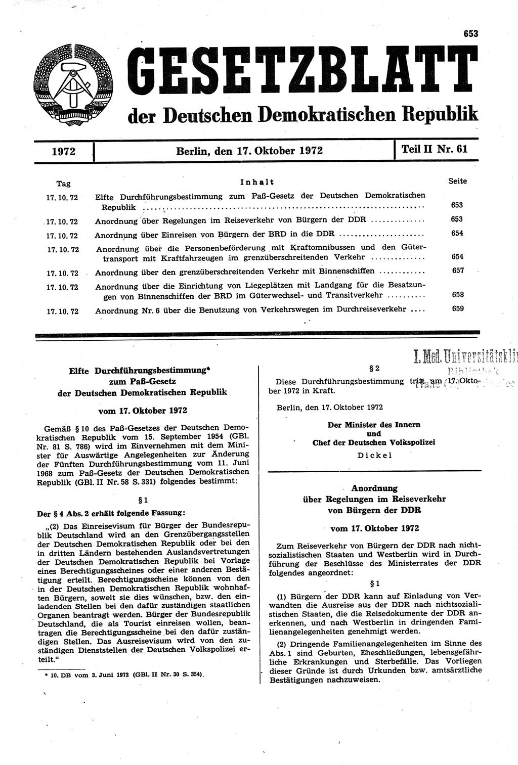 Gesetzblatt (GBl.) der Deutschen Demokratischen Republik (DDR) Teil ⅠⅠ 1972, Seite 653 (GBl. DDR ⅠⅠ 1972, S. 653)