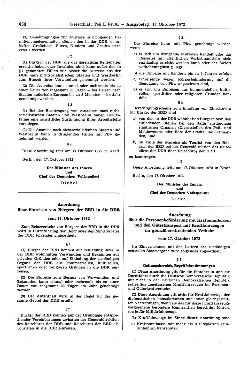 Gesetzblatt (GBl.) der Deutschen Demokratischen Republik (DDR) Teil ⅠⅠ 1972, Seite 654 (GBl. DDR ⅠⅠ 1972, S. 654)