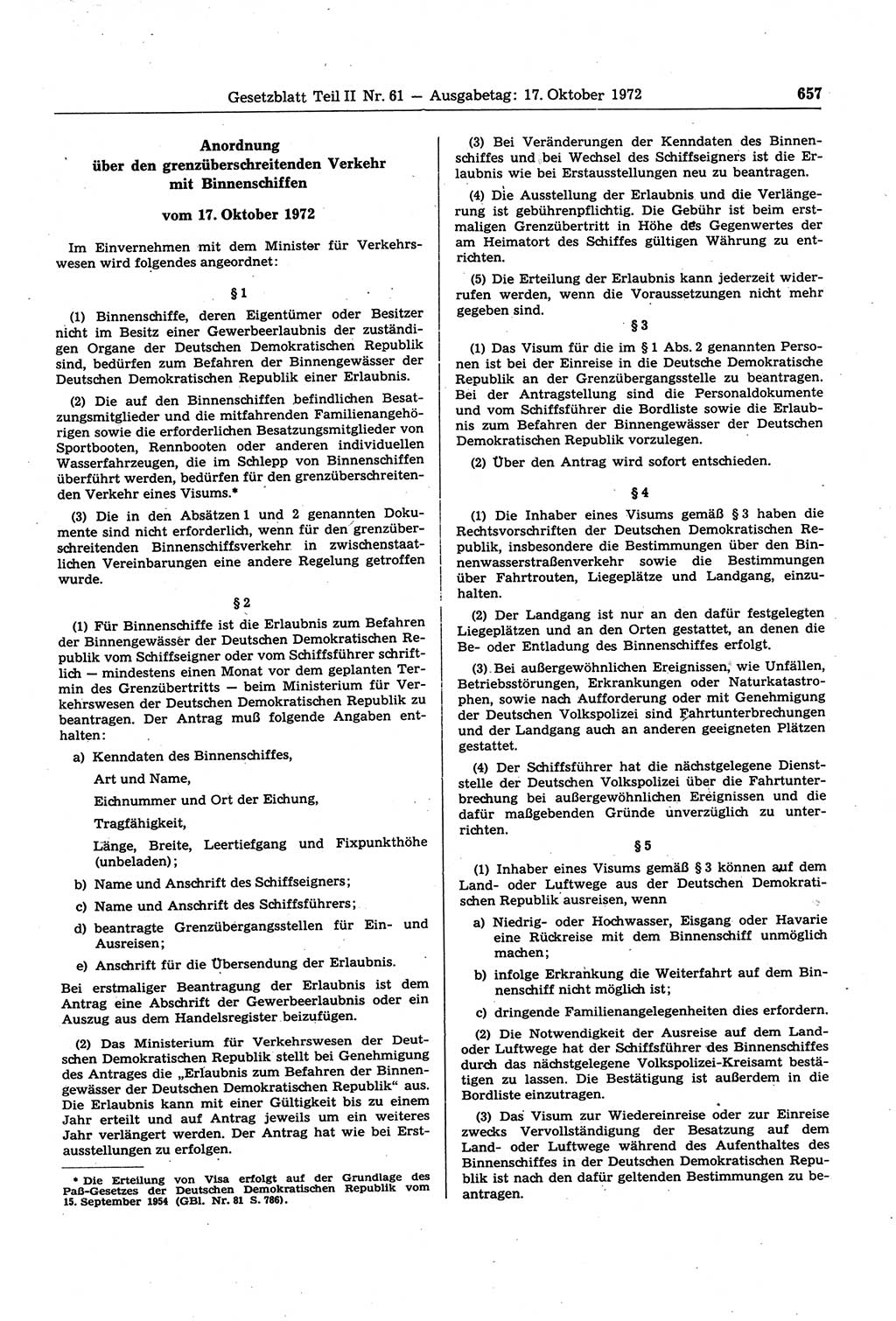 Gesetzblatt (GBl.) der Deutschen Demokratischen Republik (DDR) Teil ⅠⅠ 1972, Seite 657 (GBl. DDR ⅠⅠ 1972, S. 657)