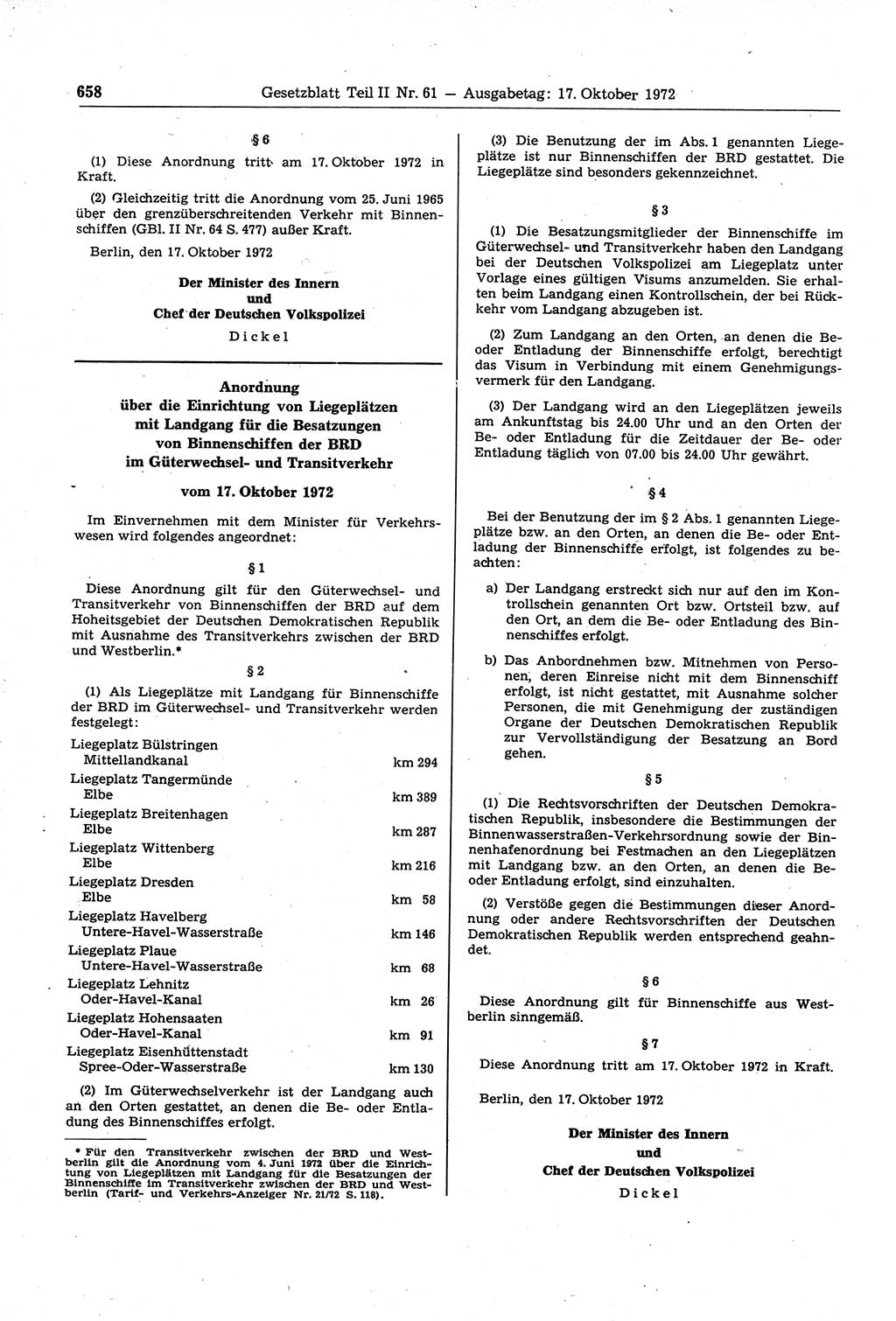 Gesetzblatt (GBl.) der Deutschen Demokratischen Republik (DDR) Teil ⅠⅠ 1972, Seite 658 (GBl. DDR ⅠⅠ 1972, S. 658)