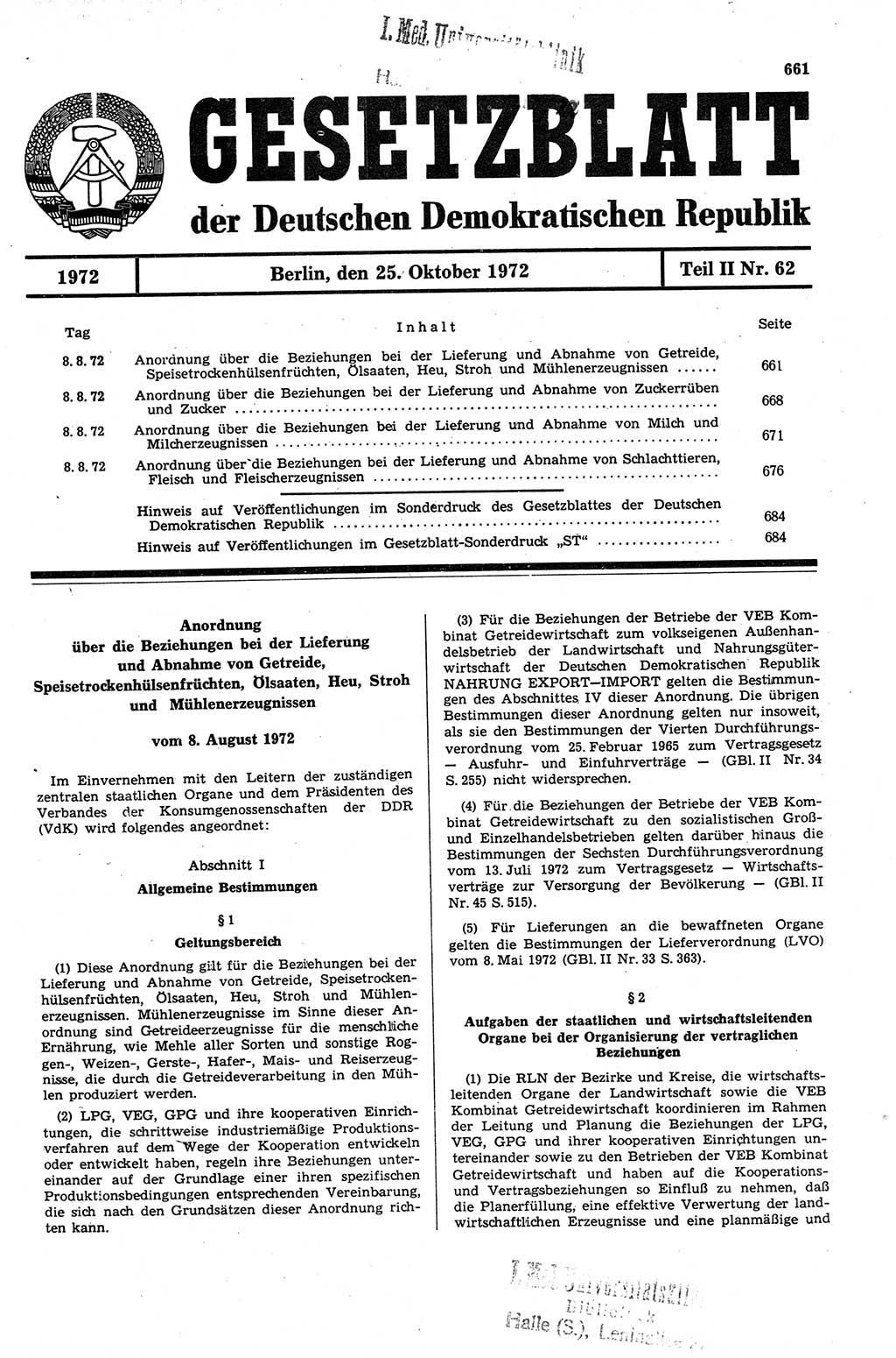Gesetzblatt (GBl.) der Deutschen Demokratischen Republik (DDR) Teil ⅠⅠ 1972, Seite 661 (GBl. DDR ⅠⅠ 1972, S. 661)
