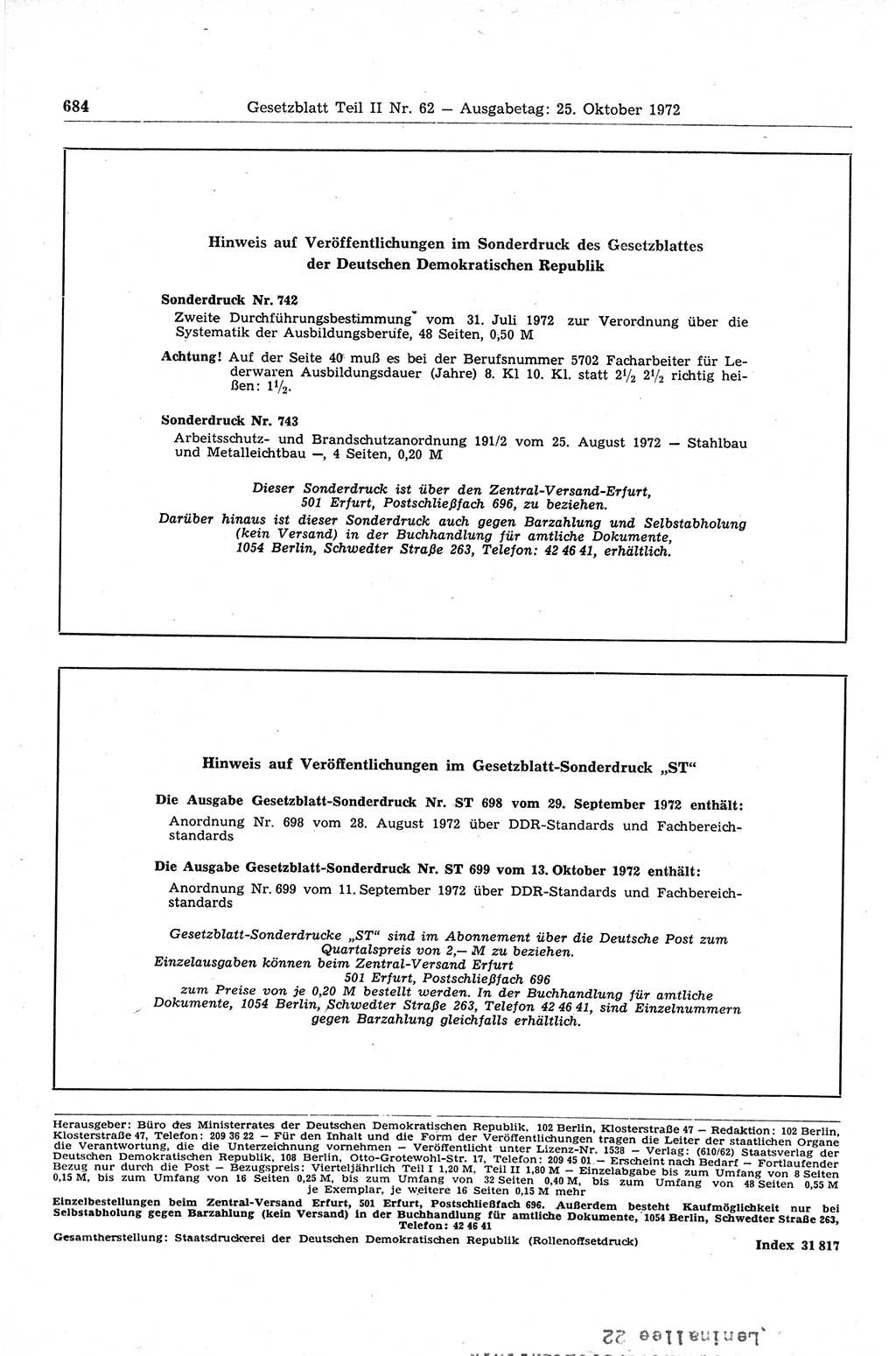 Gesetzblatt (GBl.) der Deutschen Demokratischen Republik (DDR) Teil ⅠⅠ 1972, Seite 684 (GBl. DDR ⅠⅠ 1972, S. 684)