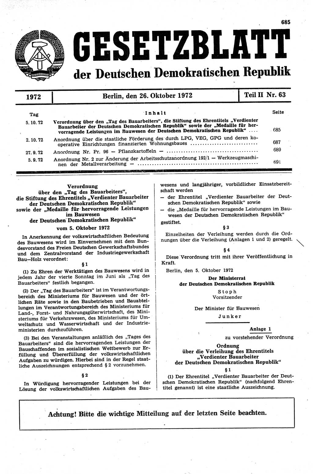Gesetzblatt (GBl.) der Deutschen Demokratischen Republik (DDR) Teil ⅠⅠ 1972, Seite 685 (GBl. DDR ⅠⅠ 1972, S. 685)