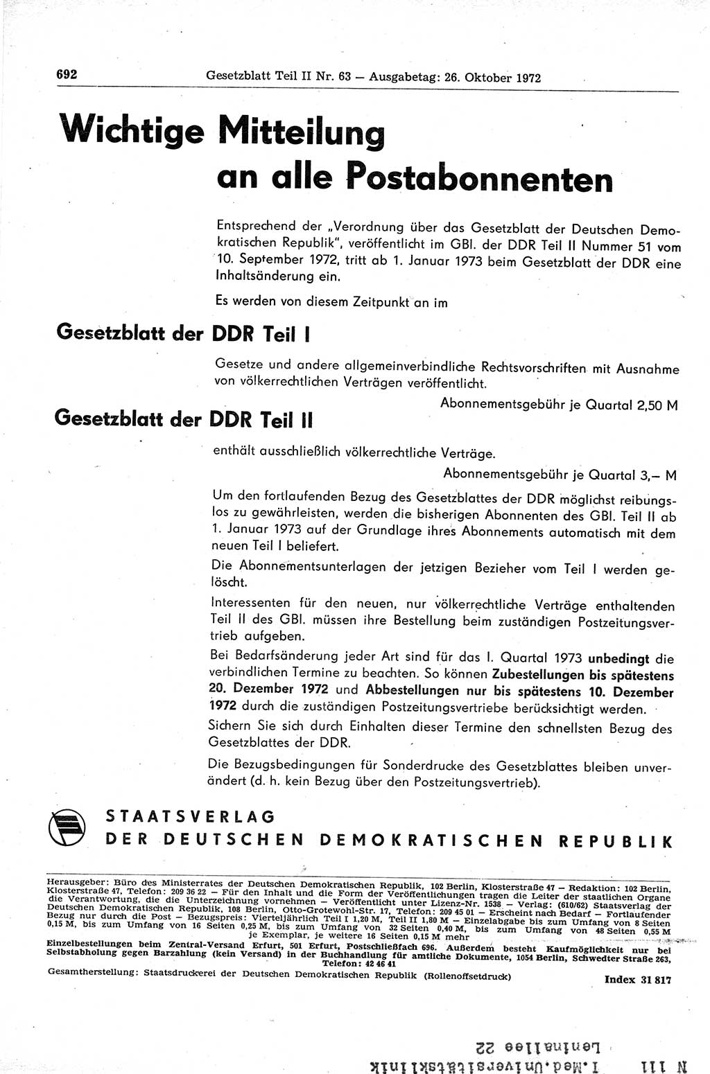 Gesetzblatt (GBl.) der Deutschen Demokratischen Republik (DDR) Teil ⅠⅠ 1972, Seite 692 (GBl. DDR ⅠⅠ 1972, S. 692)