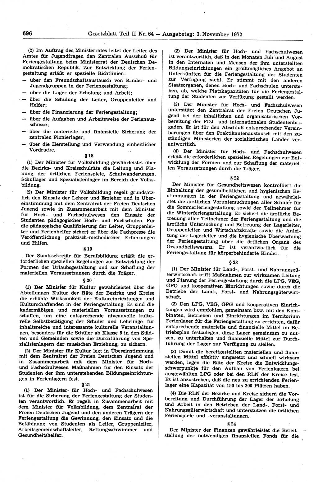 Gesetzblatt (GBl.) der Deutschen Demokratischen Republik (DDR) Teil ⅠⅠ 1972, Seite 696 (GBl. DDR ⅠⅠ 1972, S. 696)