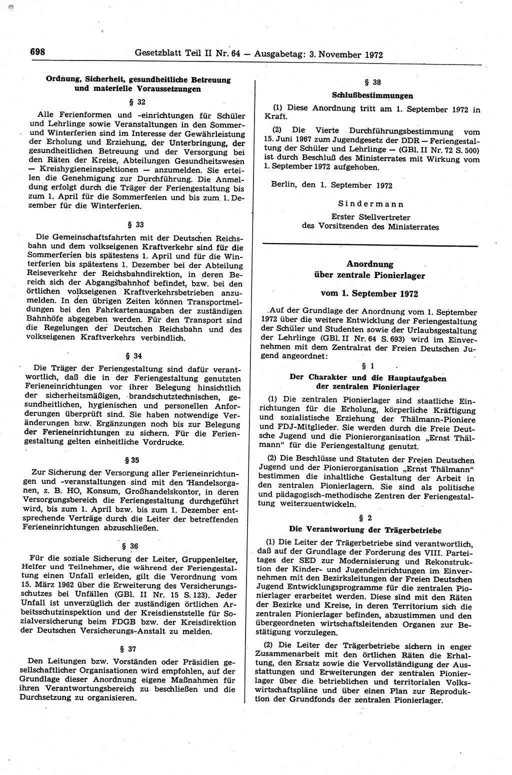Gesetzblatt (GBl.) der Deutschen Demokratischen Republik (DDR) Teil ⅠⅠ 1972, Seite 698 (GBl. DDR ⅠⅠ 1972, S. 698)