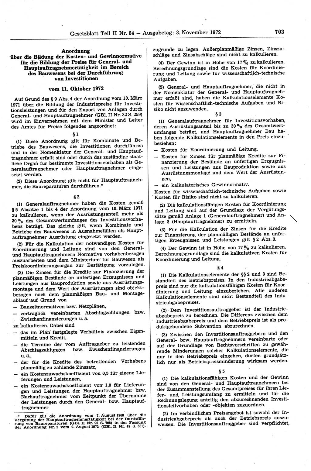 Gesetzblatt (GBl.) der Deutschen Demokratischen Republik (DDR) Teil ⅠⅠ 1972, Seite 703 (GBl. DDR ⅠⅠ 1972, S. 703)