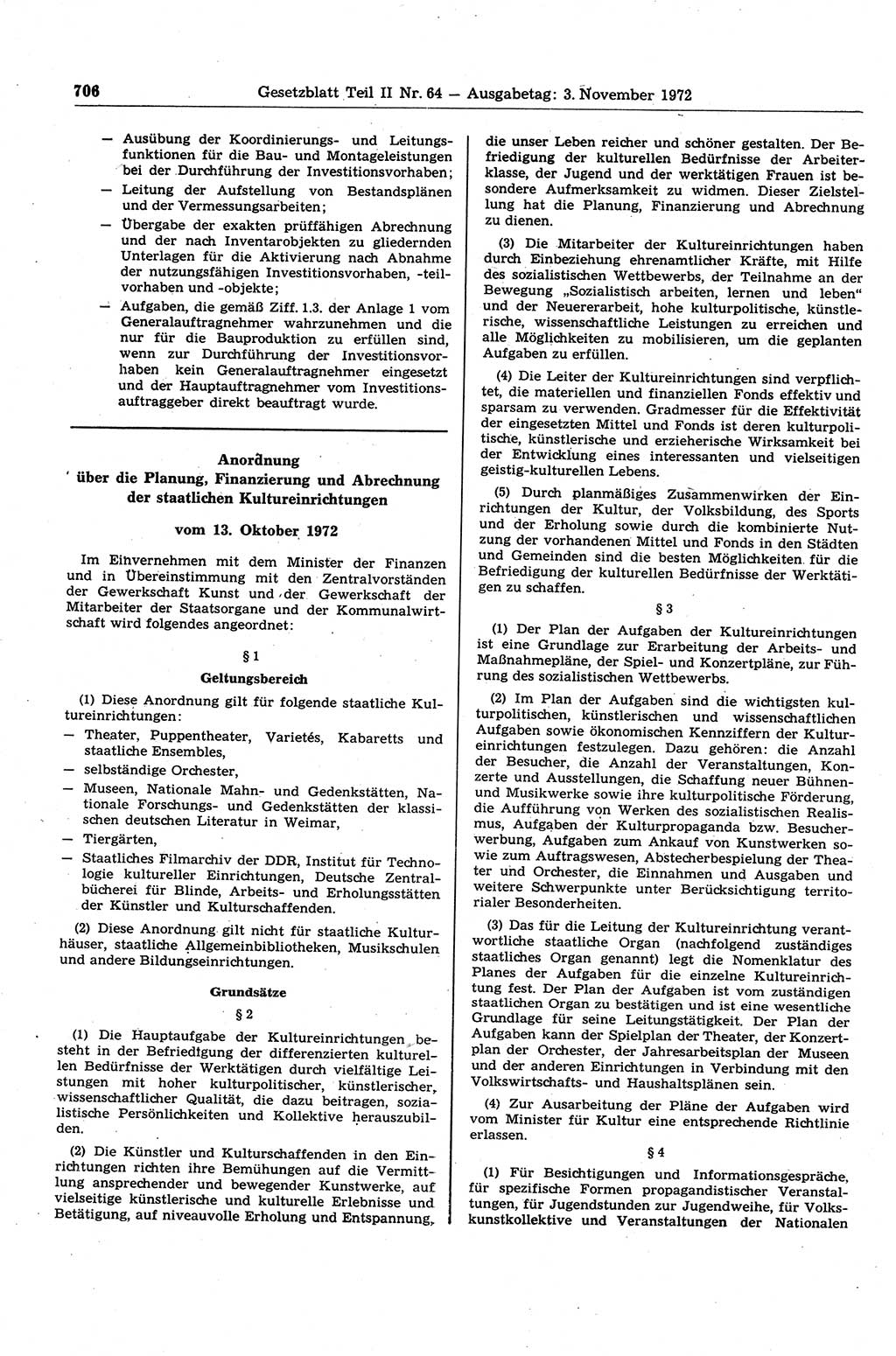 Gesetzblatt (GBl.) der Deutschen Demokratischen Republik (DDR) Teil ⅠⅠ 1972, Seite 706 (GBl. DDR ⅠⅠ 1972, S. 706)