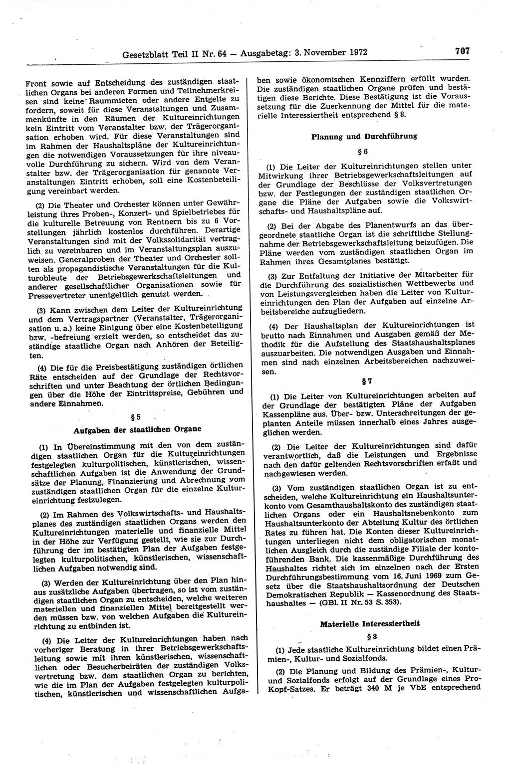Gesetzblatt (GBl.) der Deutschen Demokratischen Republik (DDR) Teil ⅠⅠ 1972, Seite 707 (GBl. DDR ⅠⅠ 1972, S. 707)