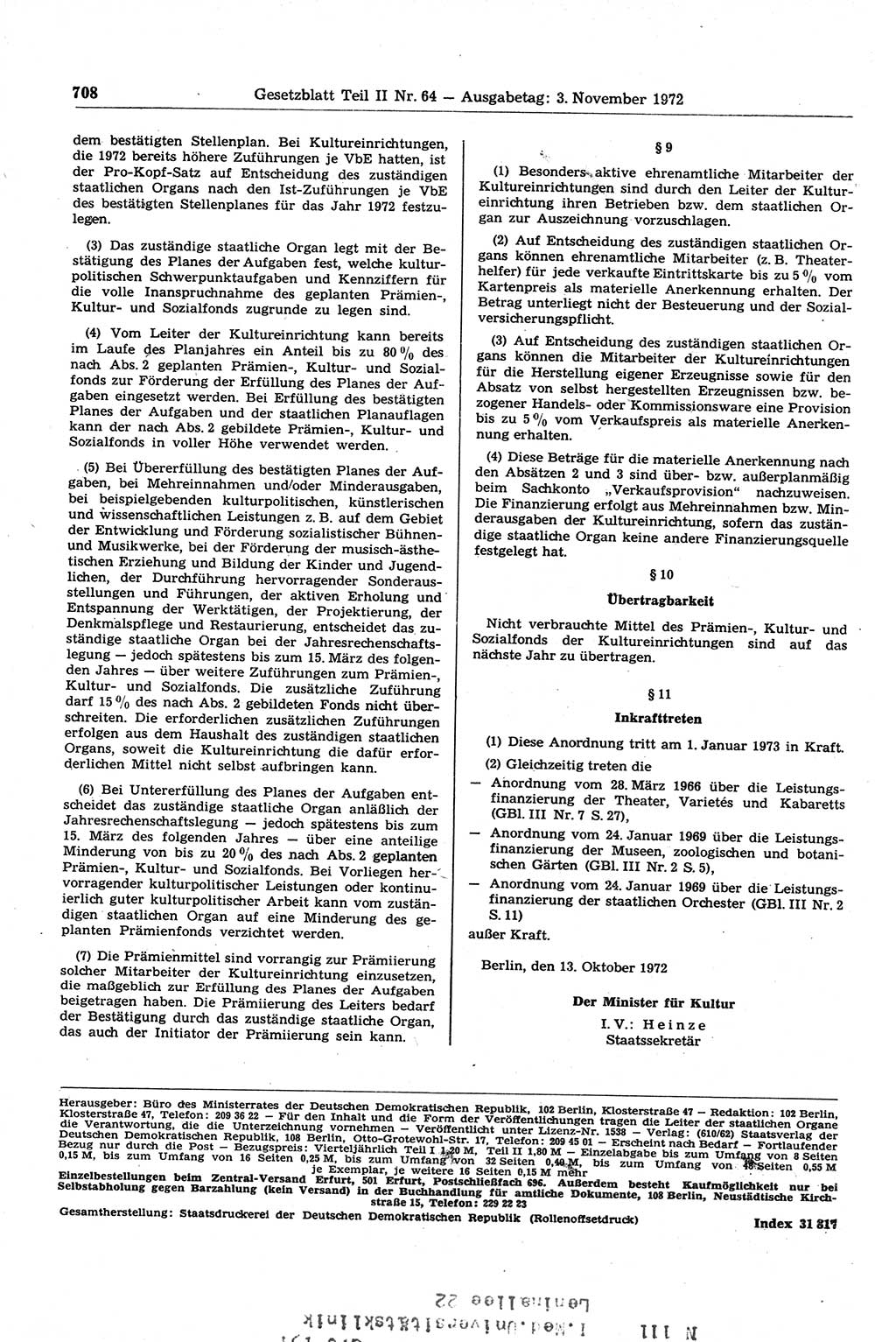 Gesetzblatt (GBl.) der Deutschen Demokratischen Republik (DDR) Teil ⅠⅠ 1972, Seite 708 (GBl. DDR ⅠⅠ 1972, S. 708)