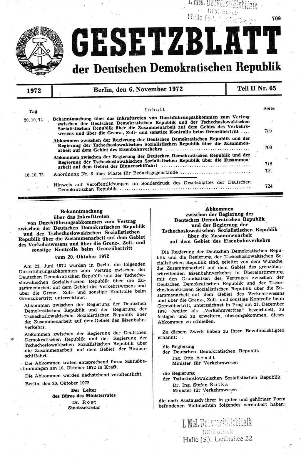 Gesetzblatt (GBl.) der Deutschen Demokratischen Republik (DDR) Teil ⅠⅠ 1972, Seite 709 (GBl. DDR ⅠⅠ 1972, S. 709)